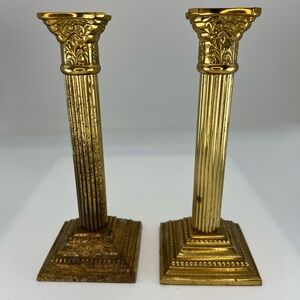 Vintage Pair of Solid Brass Roman Corinthian Column Candlestick Holders Set Of 2